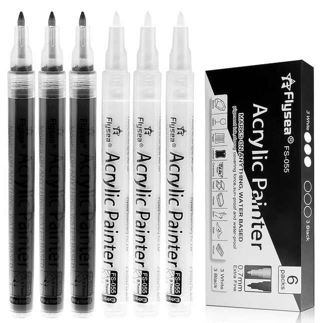 Black Paint Pens, 6 Pack 0.7Mm Acrylic Black Permanent Marker ,White Paint Pens for Rock Painting, Stone,Wood, Plastic, 
