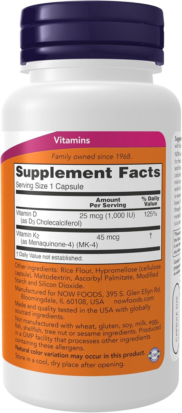 NOW Supplements, Vitamin D-3 & K-2, 1,000 IU/45 mcg, 120 Veg Caps 120 Count (Pack of 1)
