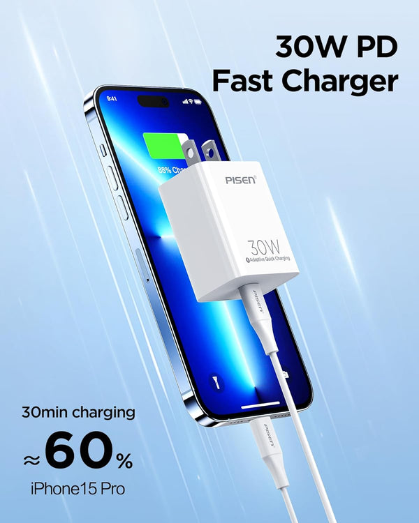 PISEN 30W USB C Charger - USB C Fast Charger Block, PD3.0 Wall Charger with 4FT Type C to L Cable, 30W Power Adapter for Iphone