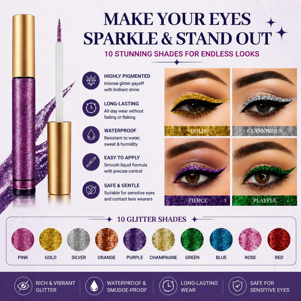 BestLand 10 Colors Liquid Glitter Eyeliner Metallic Shimmer Glitter Eyeshadow Pigment Eyebrown Shimmer Waterproof Face Lips Art for Party Festival