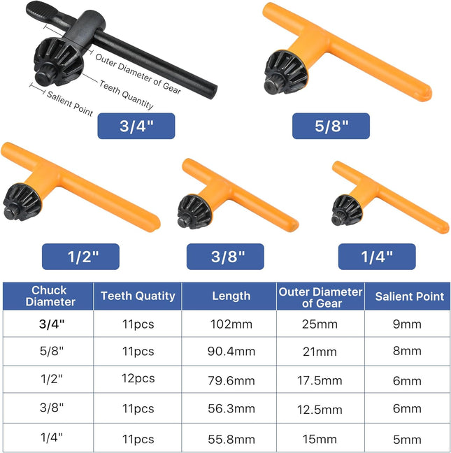 5 Sizes Drill Chuck Key Wrench, High Hardness Carbon Steel Replacement Drill Press Chuck Key for Drill Clamping Tool (Ch