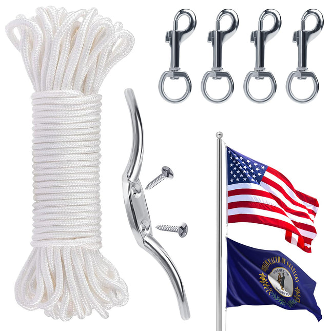 PAMASE Flag Rope and Clips Kit - 100Ft Flag Pole Rope Halyard with Cleat Hook & 4 Pcs Swivel Snap Clips for Flagpoles up