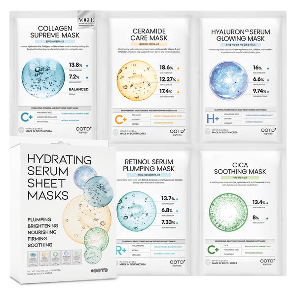 #OOTD Sheet Mask Kit with Collagen,Cica,Ceramide,Vitamin C,Retinol(5-Pack) | Korean vegan sheet mask 5-pack starter kit; Collagen, Cica & Ceramide