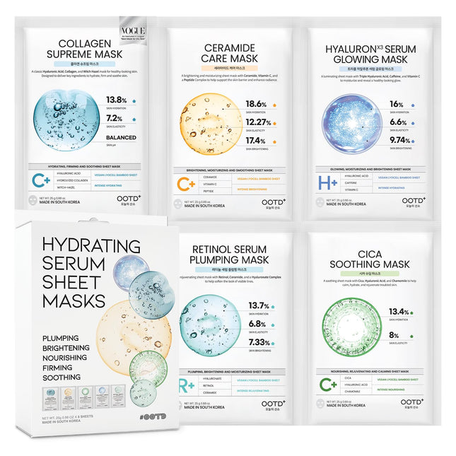 #OOTD Sheet Mask Kit with Collagen,Cica,Ceramide,Vitamin C,Retinol(5-Pack) | Korean vegan sheet mask 5-pack starter kit; Collagen, Cica & Ceramide