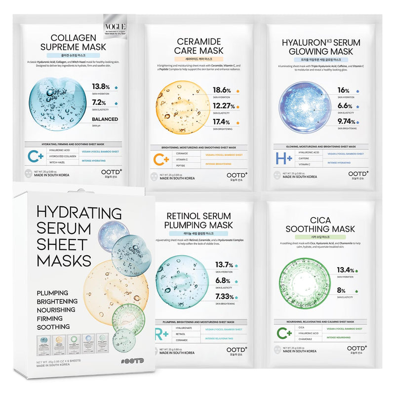 #OOTD Sheet Mask Kit with Collagen,Cica,Ceramide,Vitamin C,Retinol(5-Pack) | Korean vegan sheet mask 5-pack starter kit; Collagen, Cica & Ceramide