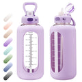 SIEROZUR 64 oz Glass Water Bottle with Straw and Handle Half Gallon Large Water Bottle with Silicone Sleeve and Time Marker Sports Water Jug Wide