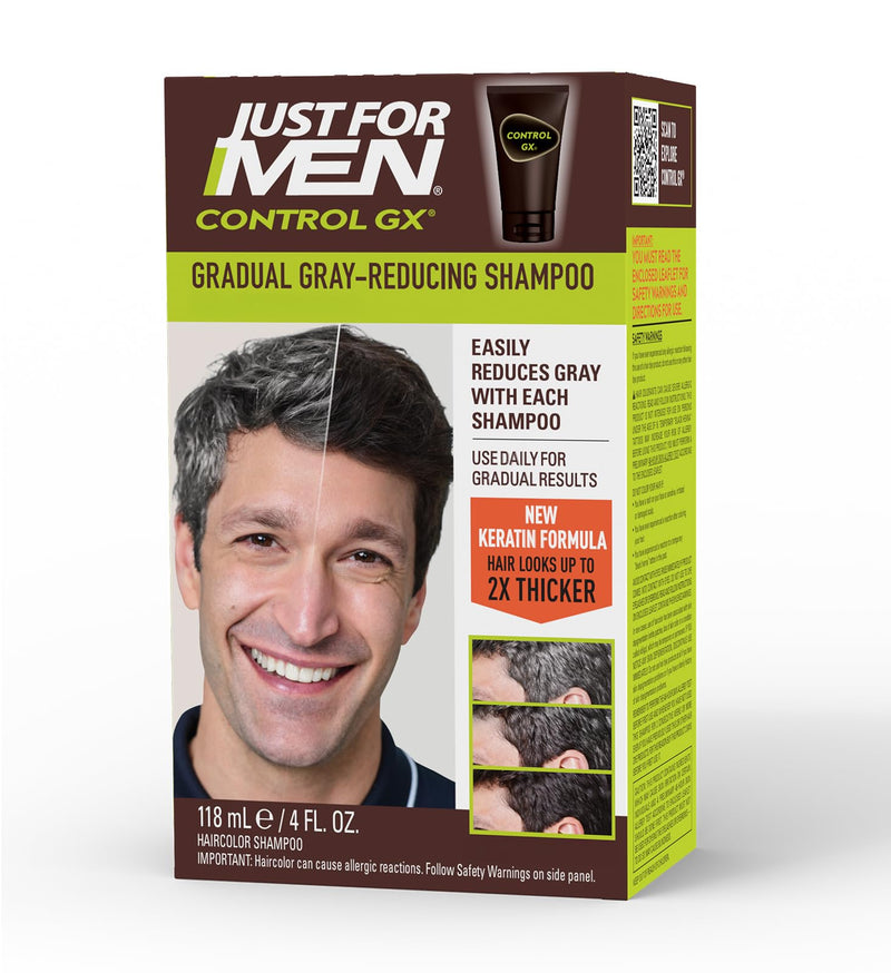 Just for Men Control GX Grey Reducing Shampoo, Gradual Hair Color with Keratin for Stronger Thicker and Healthier Looking Hair, 4 Fl Oz - Pack of