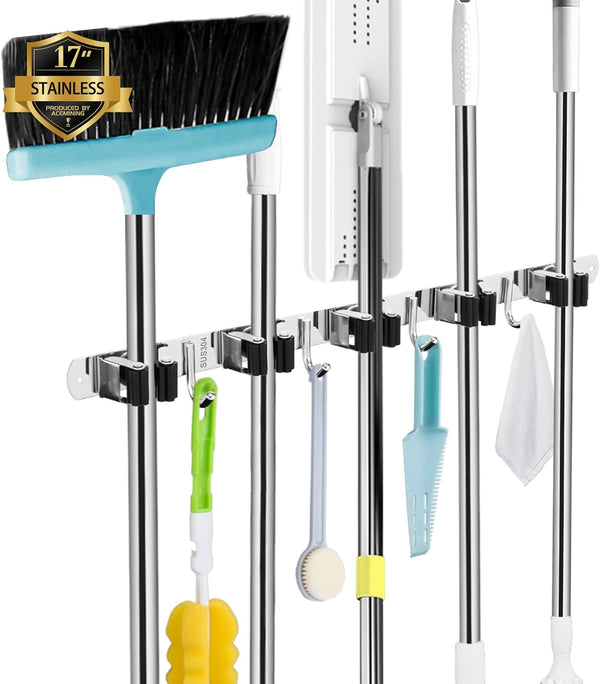 Acemining 5 Racks and 4 Hooks Mop and Broom Holder Wall Mount, Broom Organizer Storage Tool Racks Stainless Steel Heavy Duty Hooks Self Adhesive