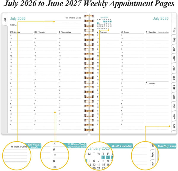 2026-2027 Appointment Book - 2026-2027 Daily Hourly Planner from July 2026 - June 2027,12 Monthly Tabs, Inner Pocket, 6.4" x 8.5", Black Flower
