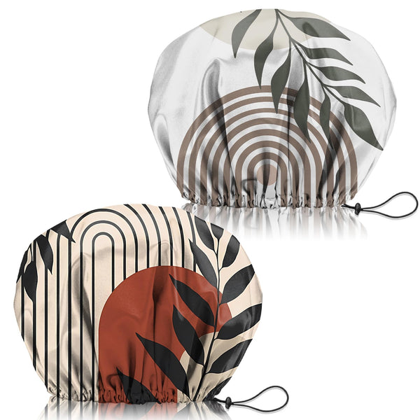 2 PCS Shower Cap Adjustable Reusable Double Waterproof Layer Elastic Hair Bath Cap Cute Aesthetic for Women Girls-Leaf I6-Leaf