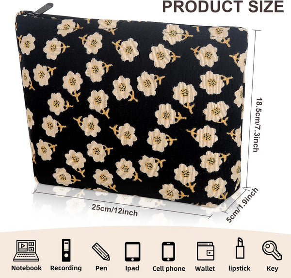 Cosmetic bag Makeup bag Preppy Cute Corduroy Toiletry bag for women travel essentials (Flower black)