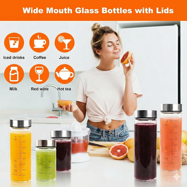 Glass Juice Bottles 4 Pack 20 Oz - Wide Mouth Glass Water Bottles with Lids - for Juicing, Protein, Smoothie, Milk, Reusable, BPA Free, Stainless