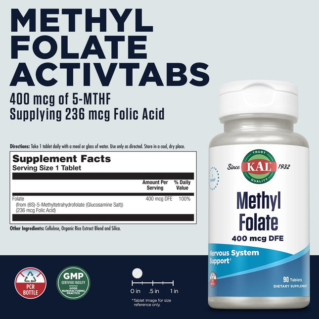 KAL Methyl Folate 400 Mcg DFE, 5-MTHF Active Form Vitamin B9, Folic Acid Supplem