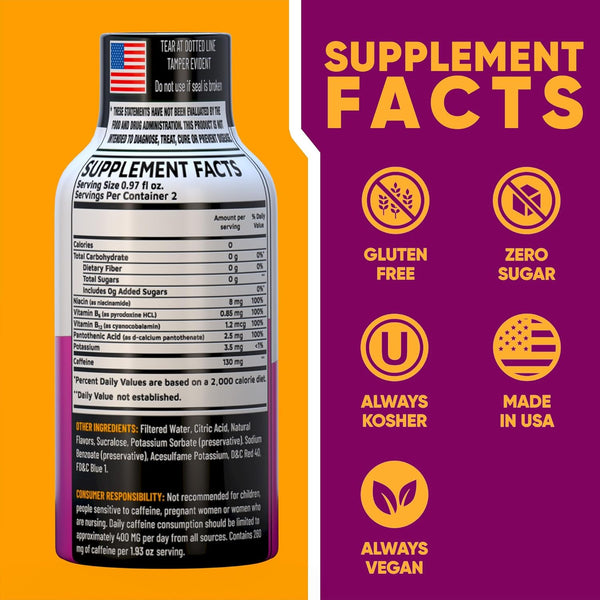 Grade a Quality Daily Energy Shot Ã¢ÂÂ Grape Ã¢ÂÂ 2 Servings Ã¢ÂÂ 260Mg Caffeine, B-Vitamins Ã¢ÂÂ Energy & Productivity Support Ã¢ÂÂ