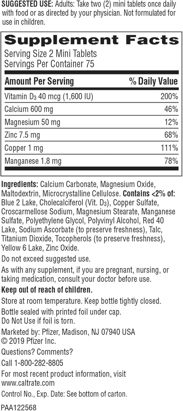 Caltrate Minis 600 Plus D3 Plus Minerals Calcium and Vitamin D Supplement Tablets, Bone Health and Mineral Supplement for Adults - 150 Count 150