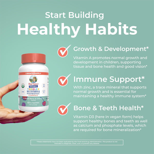 Maryruth Organics Toddler Multivitamin Gummies + Postbiotics | USDA Organic | Vitamins for Kids Ages 2+ | Immune Support | Vitamin C | Vitamin D3