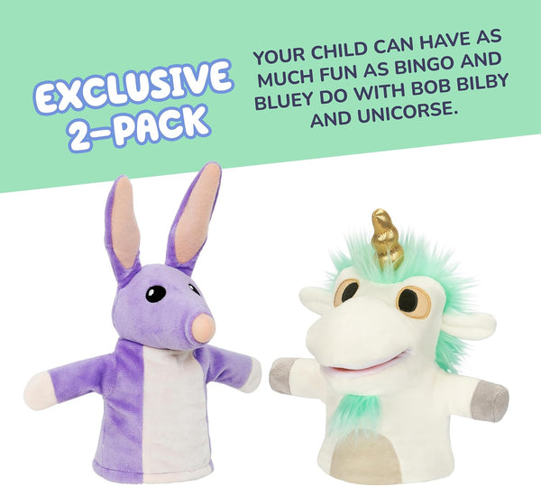 Bluey Unicorse & Bob Bilby Hand Puppet Plush Toys, 8-9”, 2-Pack | Soft deluxe fabric, embroidered details, perfect for toddler hands, imaginative