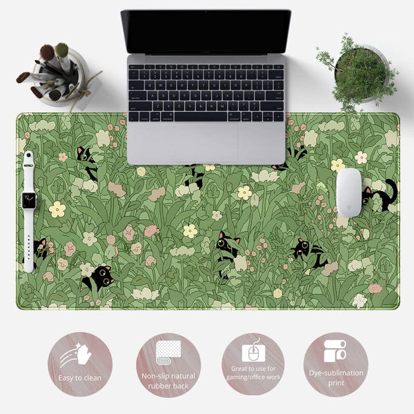 Green Desk Mat XL Cat Cute Plant Cool Desk Pad Keyboard Mat Kawaii Black Cat Flower Mouse Pad Green Desk Mat Desk Decor with Stitched Edges