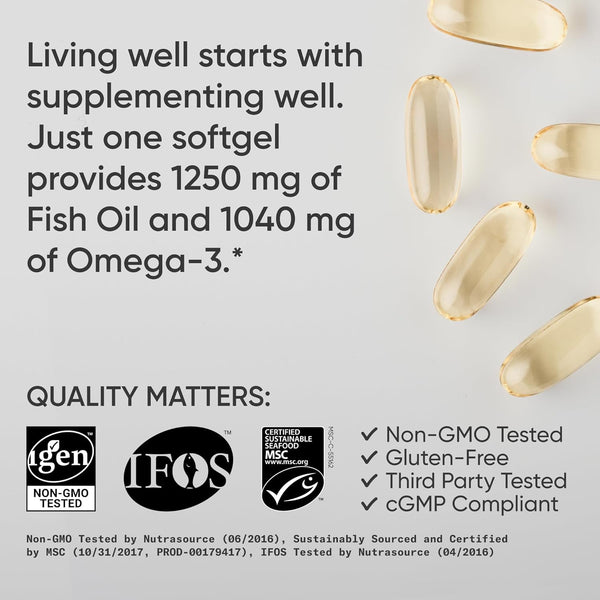 Sports Research® Omega-3 Fish Oil 1250mg from Wild Alaska Pollock, 90 Count | Always Fresh Never Fishy | 690mg EPA 260mg DHA per Softgel · Heart &