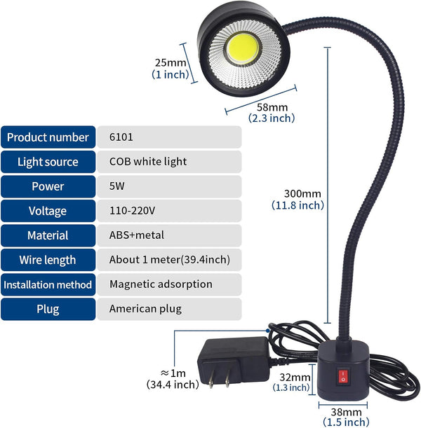 Led Magnetic Work Light 300mm Flexible Gooseneck lamp 500 Lumens 120 Volt for Sewing Machine Lathe Milling Drill Press Industrial Lighting Magnets