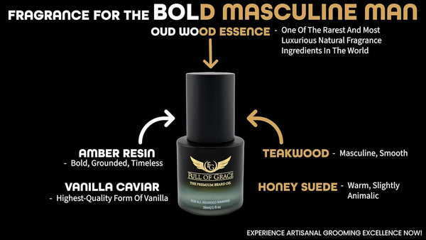 FULL OF GRACE Premium Beard Oil, Organic And Natural, With 22 Ingredients Including Argan, Jojoba, Abyssinian To Condition, Hydrate Beard And