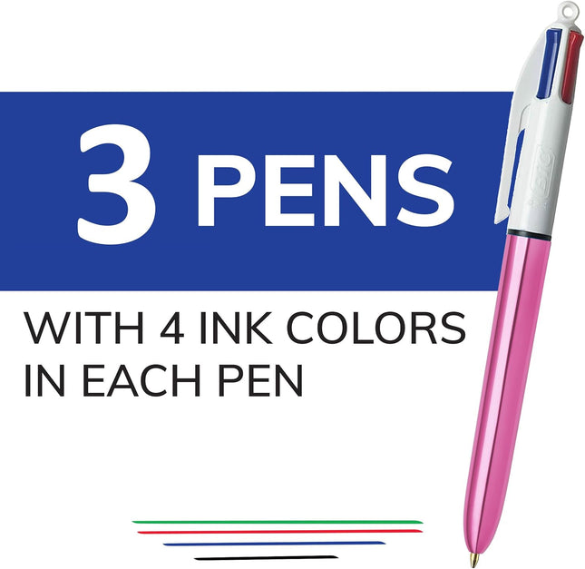 BIC 4-Color Shine Retractable Ballpoint Pen, Versatile 1.0 Mm Medium Point, Long
