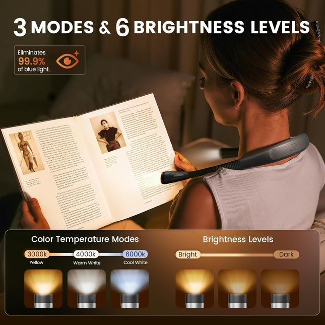 Glocusent Book Light, 3-Color & 6-Brightness Reading Light, Bendable Neck Light, 80-Hr Lasting Rechargeable Lamp, Perfec