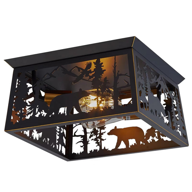 Rustic Bear Flush Mount Ceiling Light Fixture, Farmhouse Vintage Industrial Metal Cage Light Perfect for Kitchen, Dining