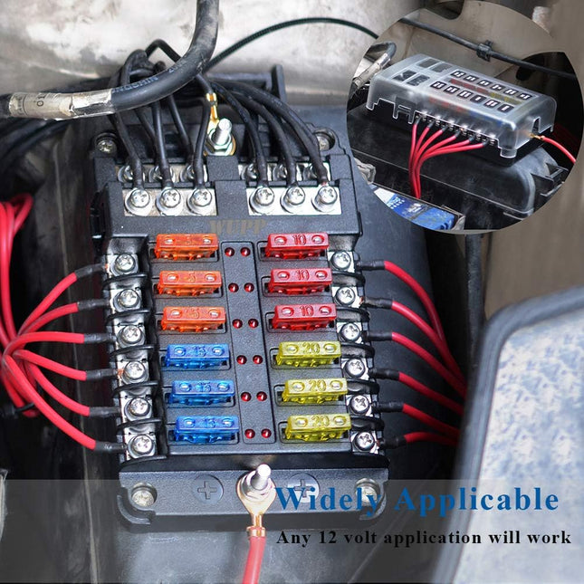 WUPP Boat Marine Fuse Block Panel with LED Warning Indicator Damp-Proof Cover - 12 Circuits with Negative Bus Fuse Box H