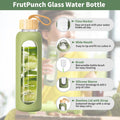 FrutPunch 18 OZ Glass Water Bottles, Water Bottle with Time Marker (Green) | Leakproof Glass Water Bottles with Silicone Sleeves, Suitable for