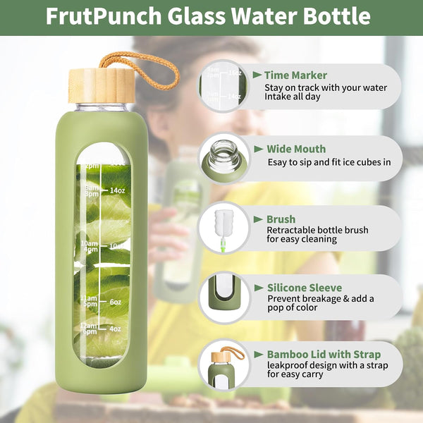 FrutPunch 18 OZ Glass Water Bottles, Water Bottle with Time Marker (Green) | Leakproof Glass Water Bottles with Silicone Sleeves, Suitable for