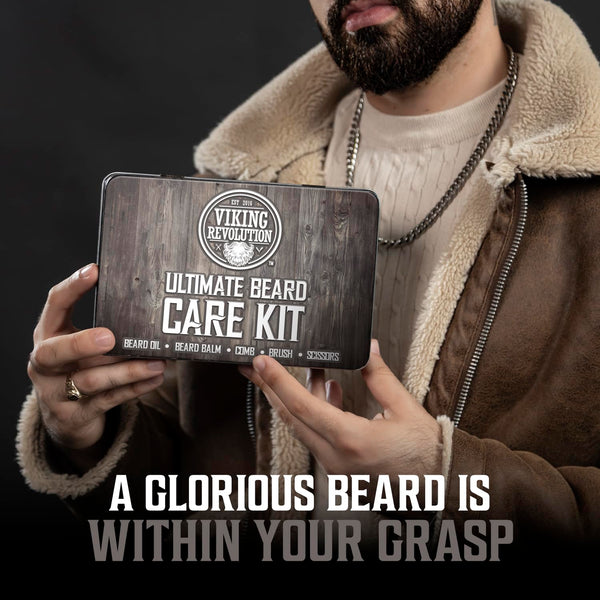 Viking Revolution Beard Care Kit for Men - Kit Includes 100% Boar Beard Brush, Wooden Comb, Beard Balm, Beard Oil, Beard & Mustache Scissors in a