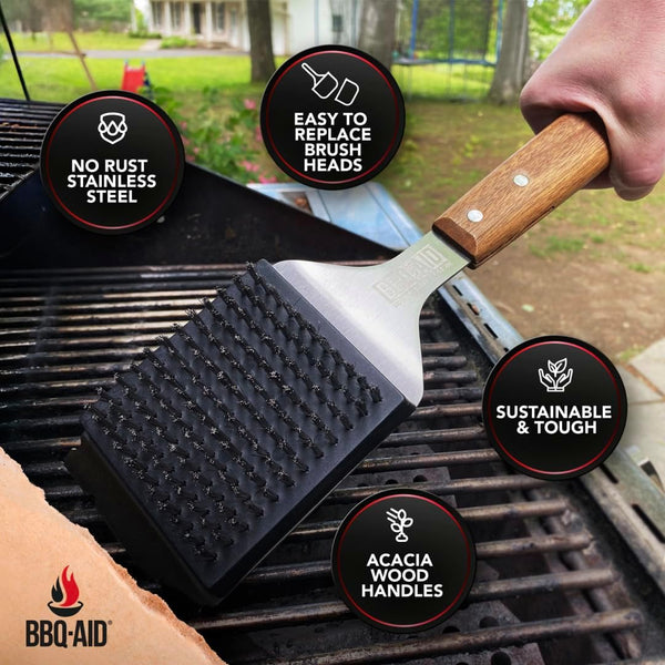 BBQ-Aid Grill Brush and Scraper for Barbecue – Grill Brush for Outdoor Grill with Extended, Large Wooden Handle and Replaceable Stainless Steel