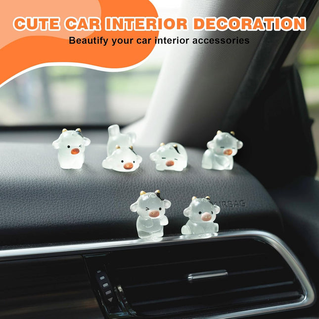 Luminous Cow Car Dashboard Decor, 6PCS Cute Cow Dash Decorations, Rear View Mirr
