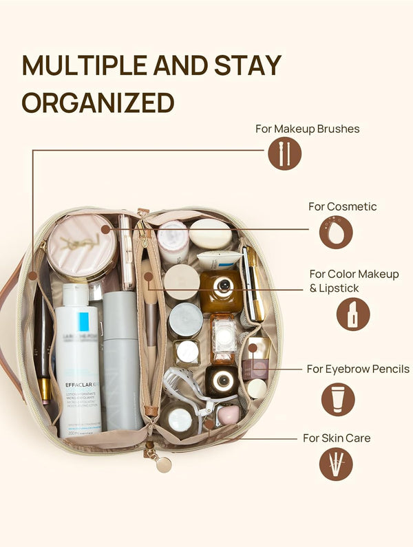 Telena Makeup Bag Large Capacity Travel Cosmetic Bag Portable PU Leather Water Resistant Makeup Organizer Bags for Women with Handle and Divider