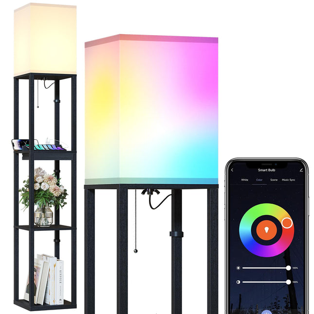 SUNMORY Floor Lamp with Shelves, RGB Light Dimmable Standing Lamp with APP Control, Tall Shelf Lamp for Living Room and 