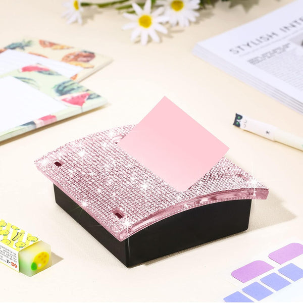 Eersida Rhinestone Self Stick Note Pad Holders 4 x 4 Inches Pink Cute Note Holder Sticky Dispenser Bling Memo Stick Dispenser for Office Employee