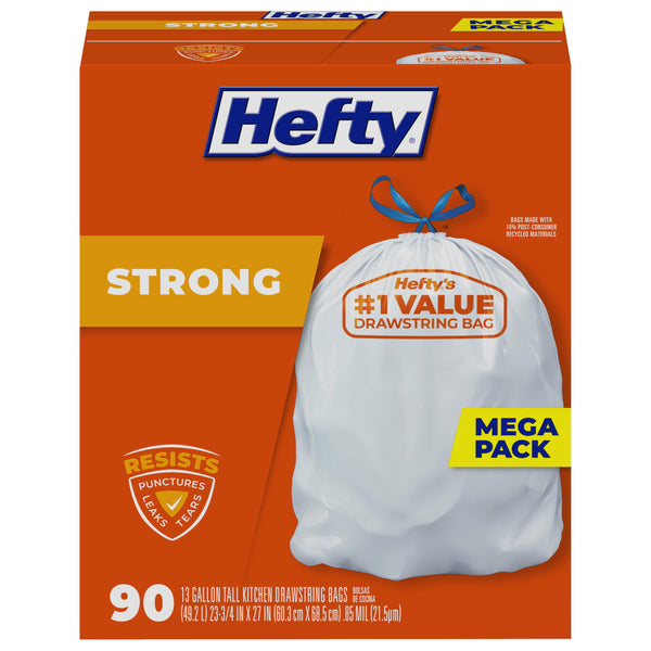Hefty Strong 13 Gallon Trash Bags, Tall Kitchen Bags, Unscentedlarge Bags with Drawstrings, Durable Closure, Resists Leaks, Punctures, and Tears,
