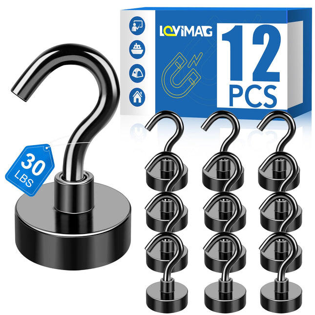 LOVIMAG Black Magnetic Hooks, 30Lbs Strong Magnetic Hooks Heavy Duty with Epoxy Coating for Refrigerator, Magnetic Cruis