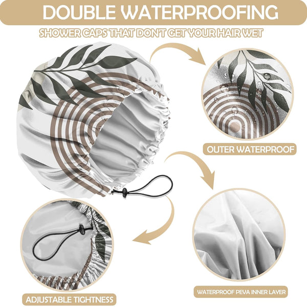 2 PCS Shower Cap Adjustable Reusable Double Waterproof Layer Elastic Hair Bath Cap Cute Aesthetic for Women Girls-Leaf I6-Leaf