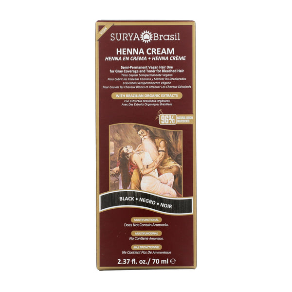 Surya Brasil Henna Cream Black - 96% Natural Ingredients, Vegan, Cruelty-Free, Eco-Friendly, Semi-Permanent Hair Color, Deep Hydration & Shine,