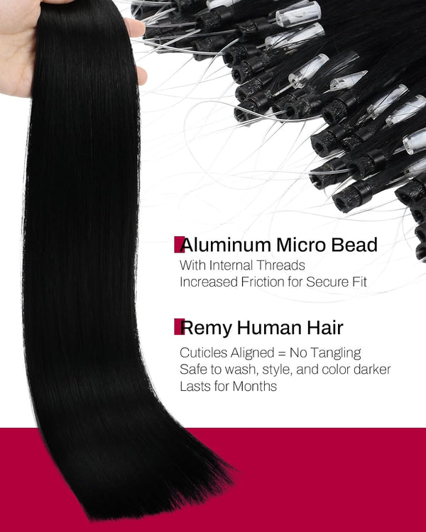 Moresoo Microlink Hair Extensions Human Hair Jet Black Micro Link Hair Extensions Human 18 Inch Hair Microbead Extensions Real Human Hair Black