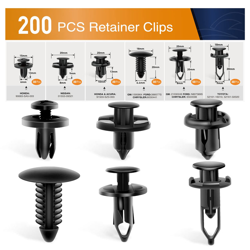GOOACC Universal Plastic Fender Clips,200 Pcs Push Bumper Fastener Rivet Clips with 6 Size Auto Body Retainer Clips Bumpers,Car Fender Replacement