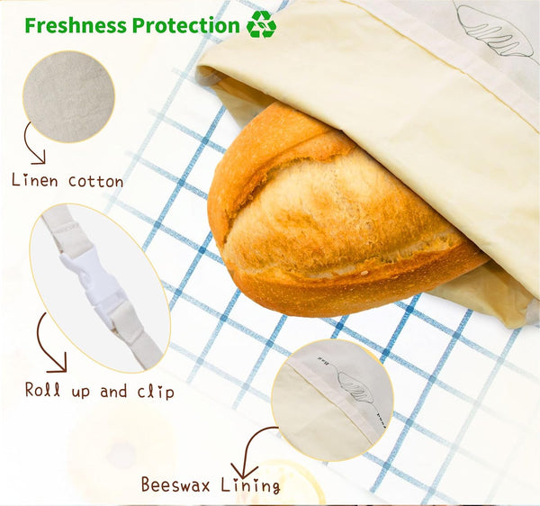 Bread Bags for Homemade Bread 2 Pack, XL Reusable Linen Food Storage Bags with Beeswax Wraps, Freezer Safe, Baking Supplies for Sourdough with