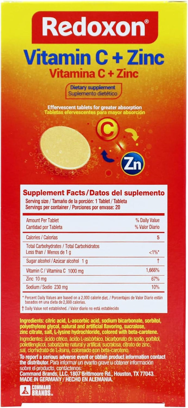 Redoxon Vitamin C + Zinc, Effervescent Tablets of Vitamin C and Zinc, Helps Support Your Immune System, Orange Flavor, 20 Effervescent Tablets,