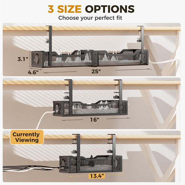 Cinati Under Desk Cable Management Tray, 13.4" Metal Cord Organizer, Black Black 13.4"-1 Pack