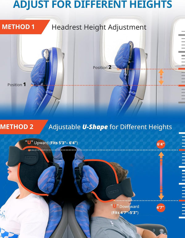 SARISUN Airplane Travel Pillow for Different Heights, Stable Head Support Black Airplane Seats with Headrest