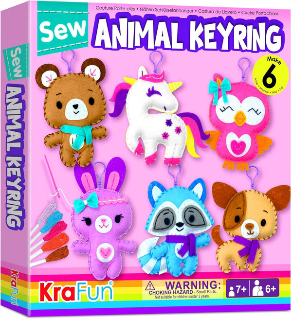 KRAFUN Unicorn Sewing Keyring Kit for Kids Age 7 8 9 10 11 12 Learn Art & Craft, Includes 6 Stuffed Animal Bear, Dog, Rabbit, Raccoon, Owl Dolls,