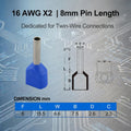 BAOMAIN 100-Pack 16 AWG Twin Wire Ferrules, Black TE1508 Dual Wire Crimp Connectors, Tin-Plated Copper Pin Cord End Terminals for DIN Rail