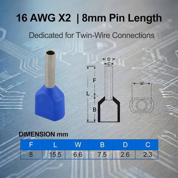 BAOMAIN 100-Pack 16 AWG Twin Wire Ferrules, Black TE1508 Dual Wire Crimp Connectors, Tin-Plated Copper Pin Cord End Terminals for DIN Rail